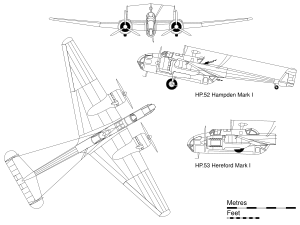 Airplane Picture - 3-view projection of the Hampden Mark I, with inset detail of the Dagger-engined Hereford Mark I