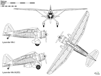 Airplane Picture - Orthographic projection of the Lysander Mk I, with profile view of the Mk.III(SD) covert operations aircraft.