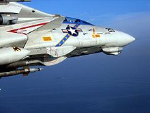 Airplane Picture - An upgraded F-14D(R) Tomcat with the ROVER transmit antenna circled. USS Theodore Roosevelt (CVN-71) is in the background.
