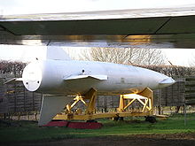 Airplane Picture - Avro Blue Steel missile (side view) at the Midland Air Museum behind the wing of an Avro Vulcan bomber.
