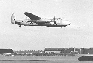 Warbird Picture - Avro Nene Lancastrian test-bed demonstrating on its two jets with its Merlins feathered at Coventry Airport in June 1954