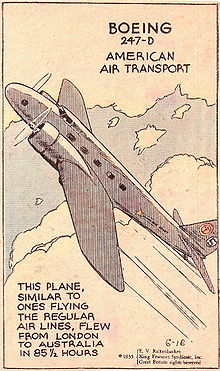 Airplane Picture - Boeing 247D in its MacRobertson Race markings, c. 1934. Note the inaccurate race number and dramatic pose in this fanciful 1935 illustrated card art.