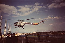 Airplane Picture - Bristol 171 Sycamore in Royal Australian Navy service around 1960 taking off from the flight deck of HMAS Melbourne.