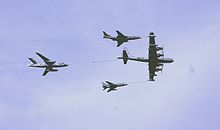 Airplane Picture - An F-101A Voodoo (top right), B-66 Destroyer (top left) and F-100D Super Sabre refuel from a KB-50J tanker (420th Air Refueling Squadron) at an RAF open day in England, 1963