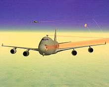 Airplane Picture - Artist impression of two YAL-1As shooting down ballistic missiles. Laser beams drawn red for visibility.