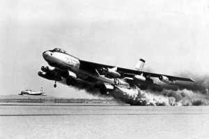 Warbird Picture - Boeing B-47E-65-BW (AF Serial No. 51-5257) during a test of the rocket-assisted take-off system.
