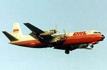 Airplane Picture - Merchantman of Air Bridge Carriers, in DHL colours, landing at Manchester Airport in 1992