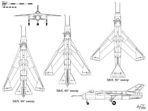 Airplane Picture - Orthographic projection of the SB5, with 60 sweep. The plan views show the 69 sweep setting (left) and 55 (right).