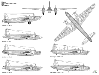 Airplane Picture - Orthographic projection of the Wellington Mark Ia, with profile views of Mark I (Vickers turrets), Mark II (Merlin engines), Mark III (Hercules engines, 4-gun tail turret), GR Mark VIII (maritime Mark Ic, metric radar) and GR Mark XIV (maritime Mark X, centimetric radar)