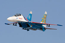 Airplane Picture - A Sukhoi Su-27UB of the Russian Knights aerobatic team showing two vertical stabilisers