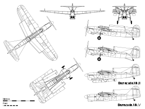 Airplane Picture - Orthographic projection of the Barracuda Mk.II, with wings unfolded and folded. PRofile detail of the Griffon-engined Barracuda Mk.V.