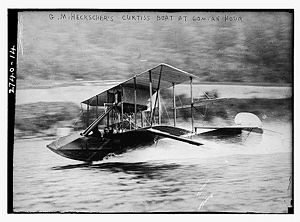 Airplane Picture - Gustave Maurice Heckscher in his Curtiss seaplane at 60 miles per hour circa 1912