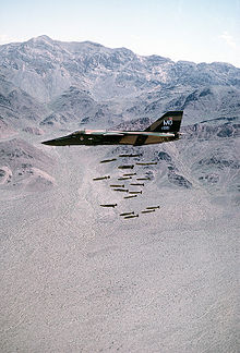 Aircraft Picture - An F-111A dropping 24 Mark 82 low-drag bombs in-flight over a bombing range.