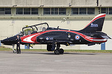 Aircraft Picture - A Royal Air Force Hawk T1A at Kemble Airport, Gloucestershire, with its pilot.