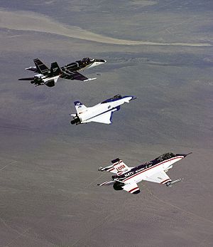 Aircraft Picture - The VISTA/MATV aircraft in formation with the X-31 (middle) and the F/A 18 HARV (top)