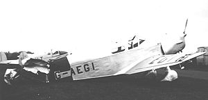 Aircraft Picture - Parnall Hendy Heck G-AEGI at Wolverhampton (Pendeford) airfield on 17 June 1950 after being damaged beyond repair by a landing Spitfire