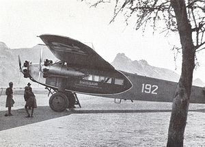 Aircraft Picture - Swissair Fokker F.VIIb-3 m (CH-192) piloted by Walter Mittelholzer in Kassala (Sudan), February 1934.