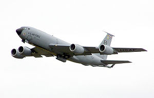 Aircraft Picture - A United States Air Force KC-135 tanker takes off in Gloucestershire, England. The winner of the KC-X program is slated to replace older KC-135s.