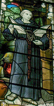 Aviation History - Elmer of Malmsbury - Stained glass window showing Eilmer, installed in Malmesbury Abbey in 1920