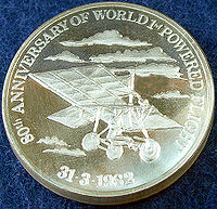 Aviation History - Richard Pearse - A silver medal struck by the New Zealand Mint for the New Zealand Museum of Transport and Technology in 1982 to commemorate the 