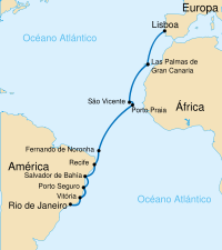 Aviation History - Gago Coutinho - Route of the first to cross the South Atlantic Ocean by air.