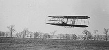 Aviation History - The Wright Brothers - Orville in flight over Huffman Prairie in Wright Flyer II. Flight #85, approximately 1,760 feet (536 m) in 40 1/5 seconds, November 16, 1904.