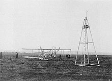 Aviation History - The Wright Brothers - Wright Model A Flyer flown by Wilbur 1908-1909 and launching derrick, France, 1909