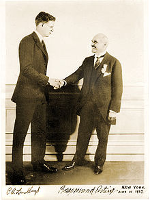 Aviation History - Charles Lindbergh (left) accepted his prize from Raymond Orteig (right) in New York on June 14, 1927