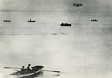 Aviation History - Dufaux 4 biplane piloted by Armand Dufaux over Lake Geneva, August 28, 1910