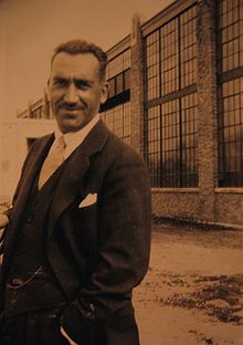 Aviation History - Enea Bossi, Sr. - Bossi in front of the AAC factory in Port Washington, New York