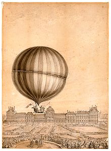 Aviation History - Hot Air Balloon - Contemporary illustration of the first flight by Professor Jacques Charles with Nicolas-Louis Robert, December 1, 1783. Viewed from the Place de la Concorde to the Tuileries Palace