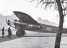 Airplane Picture - Swissair Fokker F.VIIb-3 m (CH-192) piloted by Walter Mittelholzer in Kassala (Sudan), February 1934.