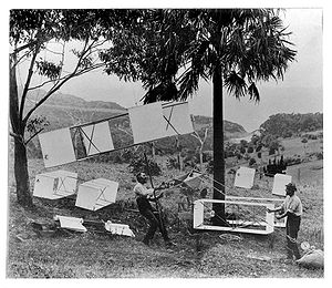 Aviation History - Lawrence Hargrave - Hargrave (seated) and Swain demonstrate the manlift kites (labelled A, B, D, & E), sling seat and spring balance in the parkland behind Stanwell Park beach, November 1894
