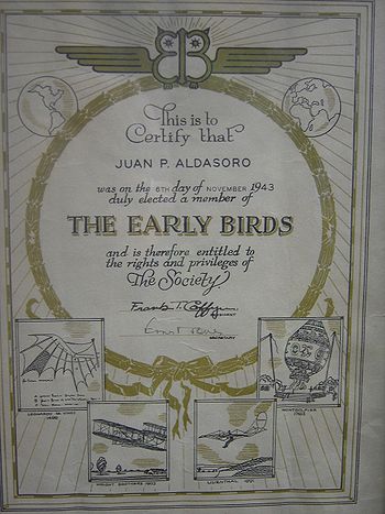Aviation History - Aldasoro Brothers - Certificate that recognizes Juan Pablo Aldasoro as a member of the Early Birds of Aviation, 1943.