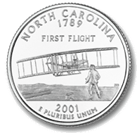 Airplane Picture - North Carolina 50 State Quarter features the famous first flight photo of the 1903 Wright Flyer at Kitty Hawk, North Carolina