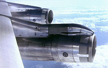 Airplane Picture - View of number 1 (top left) and 2 (center) Pratt & Whitney JT3D jet engines on the port side of a British Caledonian Boeing 707-320B. The number 1 engine mount (top) is different from the other three engines.