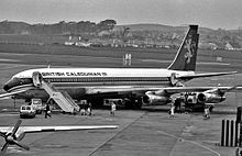 Airplane Picture - British Caledonian Boeing 707 shown at Glasgow Prestwick Airport, South Ayrshire, Scotland, c. 1972.