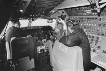 Airplane Picture - First Lady Pat Nixon visits the cockpit of the first commercial 747 during the christening ceremony, January 15, 1970.