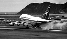 Airplane Picture - The first ever 747 (a Qantas 747SP) to land at Wellington International Airport, New Zealand touches down in 1981