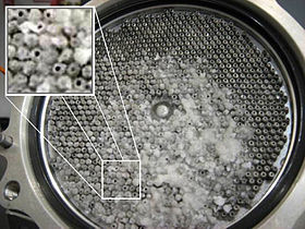 Airplane Picture - Laboratory replication of ice crystals clogging the fuel-oil heat exchanger on a Rolls-Royce Trent 800 engine, from the NTSB report on the BA38 and DL18 incidents[158]
