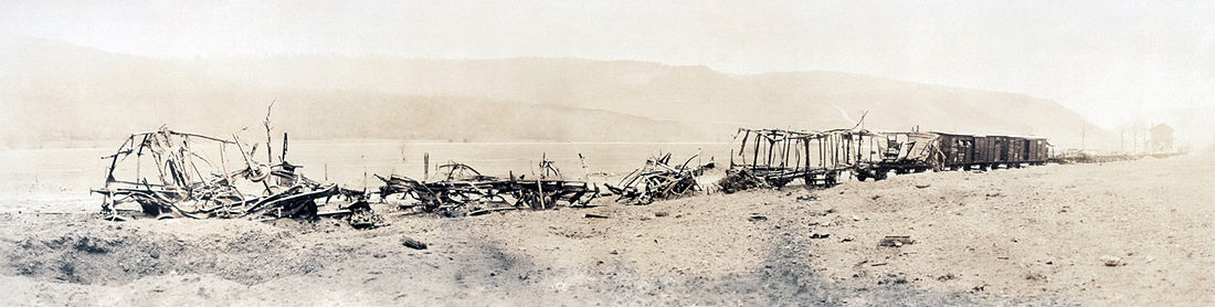 World War 1 Picture - German ammunition train wrecked by shell fire, c. 1918.