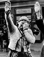 World War 1 Picture - A woman acknowledges incoming German troops with tears and the Nazi salute, Sudetenland, 1938. This image was used by the Nazis and the Allies, depicting the woman crying with either joy or sadness respectively.