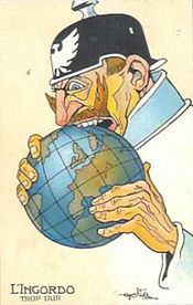 World War 1 Picture - French Propaganda Postcard from the World War I era showing a caricature of Wilhelm II biting into the world. The text reads 