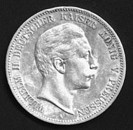 World War 1 Picture - Silver 5 mark coin of Wilhelm II.