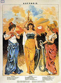 World War 1 Picture - 1914 Russian poster. The upper inscription reads agreement. The uncertain Britannia (right) and Marianne (left) look to the determined Mother Russia (centre) to lead them in the coming war.