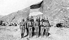 World War 1 Picture - Arab Soldiers in the Arab Army during the Arab Revolt of 1916-1918. The Arabs are carrying the Arab Flag of the Arab Revolt and pictured in the Arabian Desert.