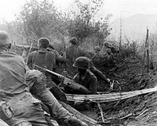 World War 1 Picture - Men of the 1st Brigade, 101st Airborne Division, fire from old Viet Cong trenches.