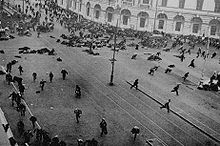 World War 1 Picture - A scene from the July Days. The army has just opened fire on street protesters.