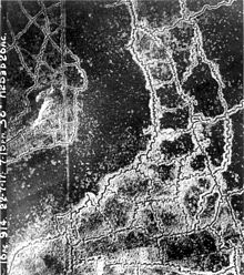 World War 1 Picture - Aerial view of opposing trench lines between Loos and Hulluch, July 1917. German trenches at the right and bottom, British at the top-left.