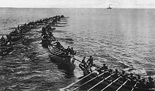 World War 1 Picture - Japanese troops coming ashore near Tsingtao.
